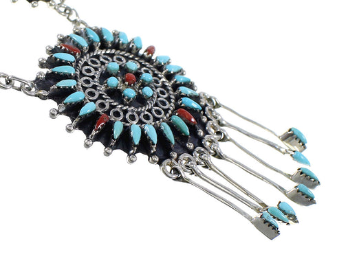 Southwest Turquoise And Coral Needlepoint Silver Necklace And Earring Set EX54066